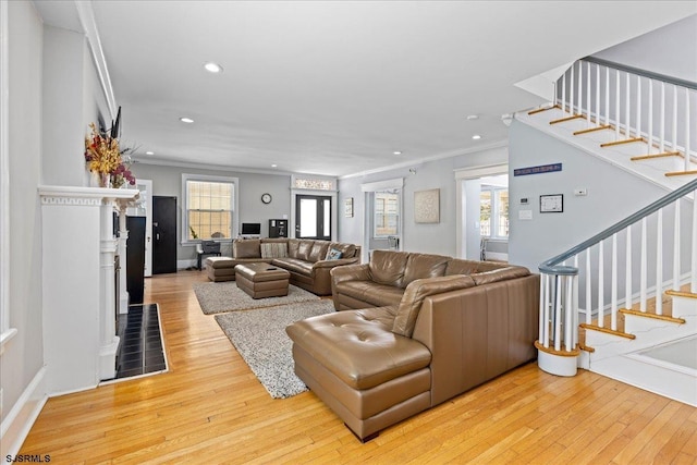 103 S Austin Ave, Ventnor, NJ 08406 - living room featuring ornamental molding, stairway, recessed lighting, light wood-style flooring, and plenty of natural light