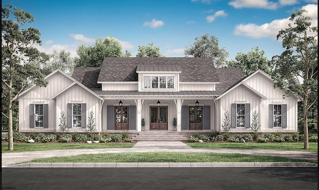 16 Holly Creek Rd, Port Republic, NJ 08241 - modern farmhouse with board and batten siding, covered porch, a standing seam roof, metal roof, and a front lawn