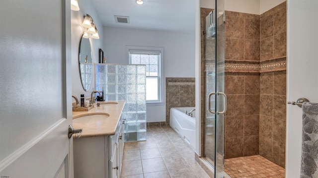 8201 Amherst, Margate, NJ 08401 - bathroom with a garden tub, a stall shower, double vanity, and tile patterned floors