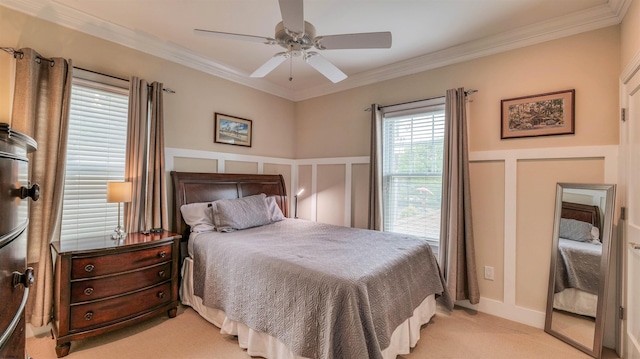 8201 Amherst, Margate, NJ 08401 - bedroom featuring light carpet, crown molding, a decorative wall, a ceiling fan, and a wainscoted wall