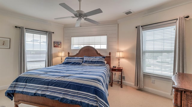 8201 Amherst, Margate, NJ 08401 - bedroom with light carpet, ornamental molding, multiple windows, baseboards, and ceiling fan