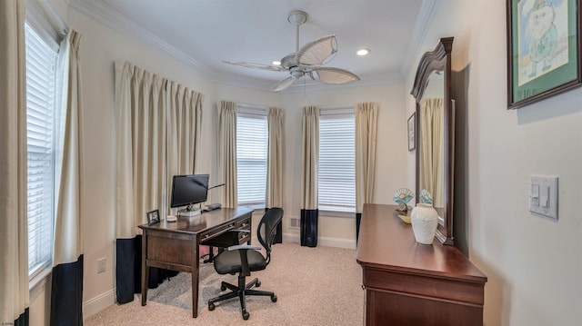 8201 Amherst, Margate, NJ 08401 - carpeted home office featuring a ceiling fan, baseboards, crown molding, and recessed lighting