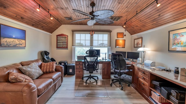 8201 Amherst, Margate, NJ 08401 - office area with wood ceiling, rail lighting, vaulted ceiling, a ceiling fan, and light wood-style floors