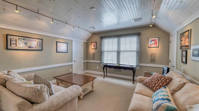 8201 Amherst, Margate, NJ 08401 - living room with track lighting, lofted ceiling, wood ceiling, baseboards, and carpet floors
