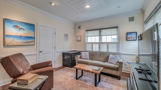 8201 Amherst, Margate, NJ 08401 - living room featuring wood finished floors, crown molding, recessed lighting, and baseboards