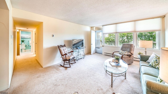 500 Bay Ave Unit 404South, Ocean City, NJ 08226 - living room with carpet floors, baseboard heating, a baseboard heating unit, and a textured ceiling