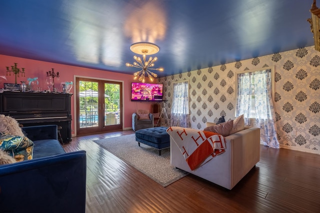 622 Central Ave, Linwood, NJ 08221 - living area featuring wallpapered walls, wood-type flooring, baseboards, and french doors
