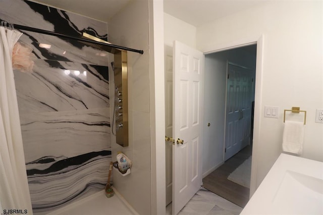200 Linda Ln, Galloway Township, NJ 08205 - bathroom with a marble finish shower, marble look tiles, and vanity