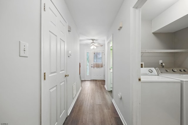 101 Sycamore Ave, Egg Harbor Township, NJ 08234 - laundry room featuring washing machine and dryer, dark wood-style floors, ceiling fan, and baseboards