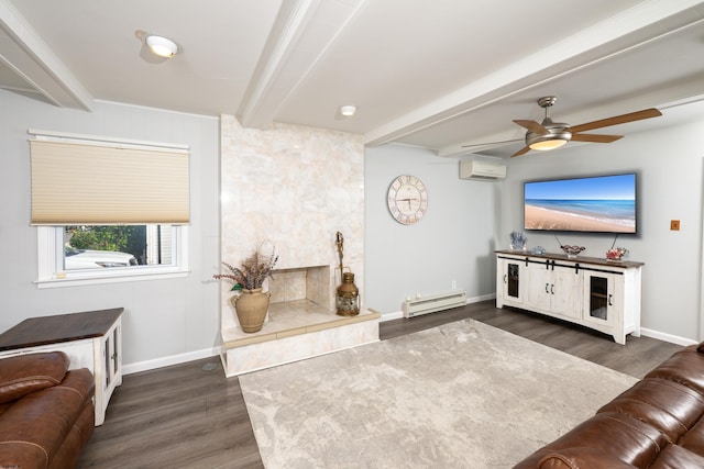 608 Delavan Ave, Margate, NJ 08402 - living area featuring a baseboard radiator, beamed ceiling, dark wood finished floors, a ceiling fan, and an AC wall unit