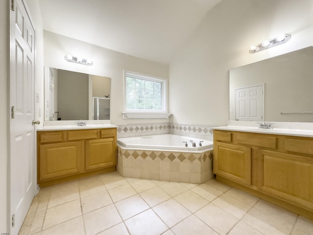 2511 Long Ave, Mays Landing, NJ 08330 - full bath featuring two vanities, tile patterned flooring, a garden tub, a shower stall, and vaulted ceiling