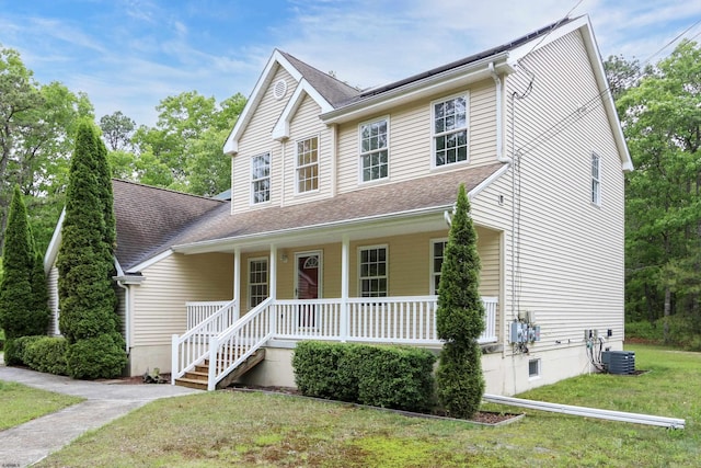 2511 Long Ave, Mays Landing, NJ 08330 - view of front of house featuring covered porch, a front lawn, roof with shingles, and central AC