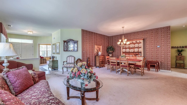 50 Derby Dr, Galloway Township, NJ 08205 - living room featuring wallpapered walls, a chandelier, carpet flooring, and baseboards