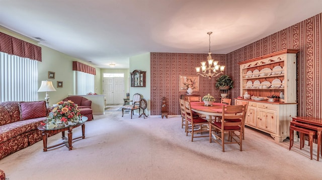 50 Derby Dr, Galloway Township, NJ 08205 - dining space with wallpapered walls, a chandelier, and light carpet