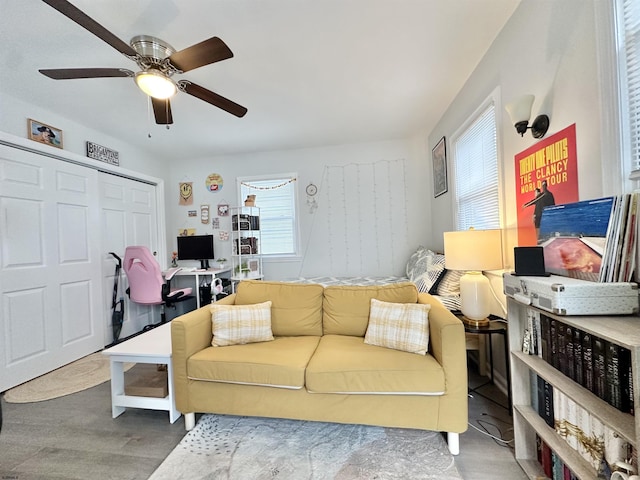 251 38th St, Brigantine, NJ 08203 - living room featuring ceiling fan and wood finished floors