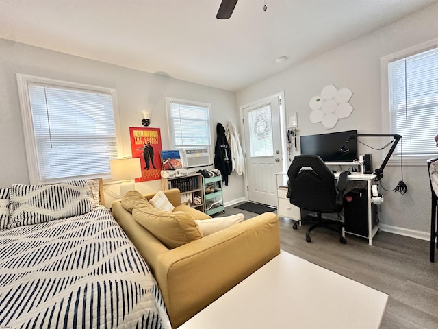 251 38th St, Brigantine, NJ 08203 - living area with baseboards, wood finished floors, an office area, and ceiling fan