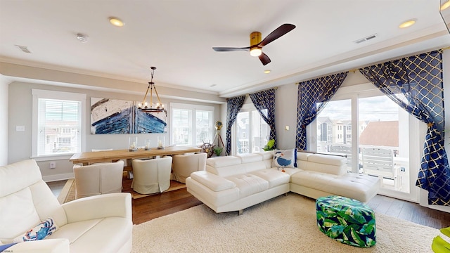 305 15th St, Ocean City, NJ 08226 - living room featuring wood finished floors, ceiling fan, recessed lighting, a chandelier, and crown molding