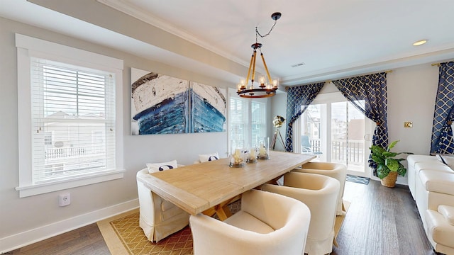 305 15th St, Ocean City, NJ 08226 - dining area with a chandelier, dark wood-style floors, ornamental molding, baseboards, and recessed lighting