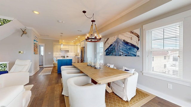 305 15th St, Ocean City, NJ 08226 - dining area with ornamental molding, dark wood finished floors, baseboards, a chandelier, and recessed lighting