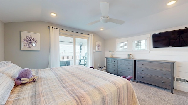 305 15th St, Ocean City, NJ 08226 - carpeted bedroom with vaulted ceiling, access to outside, recessed lighting, and a ceiling fan