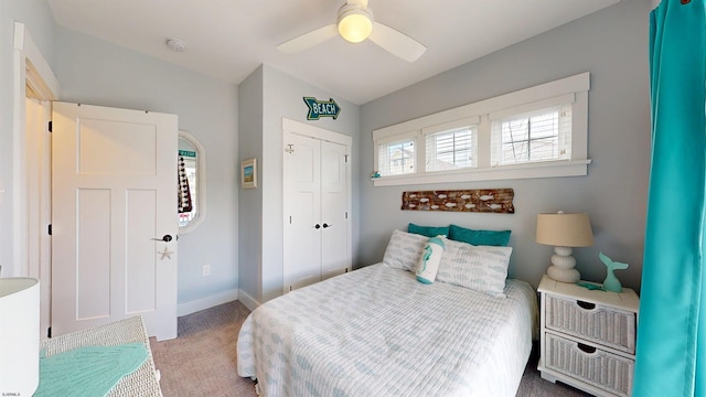 305 15th St, Ocean City, NJ 08226 - bedroom with carpet, a closet, baseboards, vaulted ceiling, and ceiling fan
