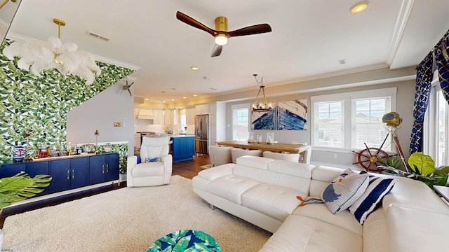 305 15th St, Ocean City, NJ 08226 - living area with ornamental molding, ceiling fan, recessed lighting, and dark wood-style floors