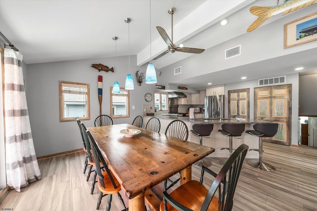 36 S Inlet Dr Unit 2, Ocean City, NJ 08226 - dining room featuring vaulted ceiling, a ceiling fan, light wood-style floors, baseboards, and recessed lighting