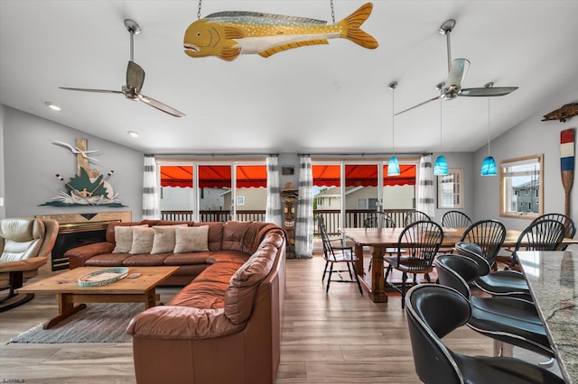 36 S Inlet Dr Unit 2, Ocean City, NJ 08226 - living room with a ceiling fan, vaulted ceiling, wood finished floors, and recessed lighting