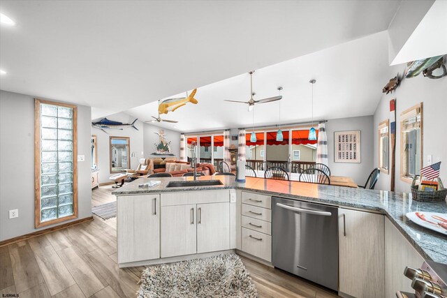 36 S Inlet Dr Unit 2, Ocean City, NJ 08226 - kitchen with stainless steel dishwasher, light wood finished floors, a ceiling fan, open floor plan, and light stone counters