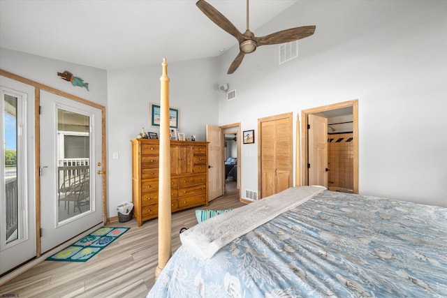 36 S Inlet Dr Unit 2, Ocean City, NJ 08226 - bedroom featuring light wood-type flooring, access to exterior, high vaulted ceiling, and a ceiling fan