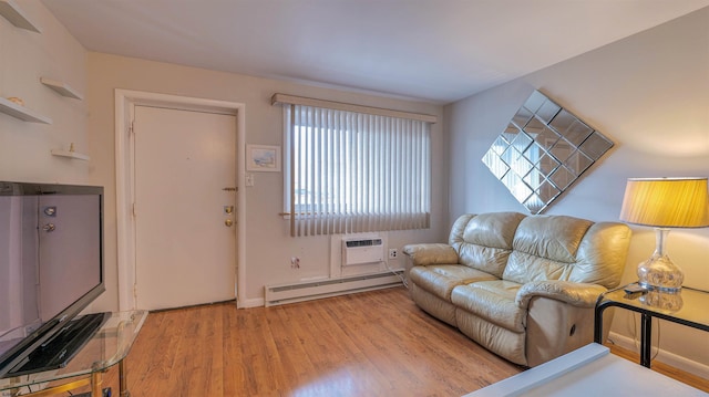 9600 Amherst Ave Unit 3, Margate, NJ 08402 - living area featuring a baseboard heating unit, wood finished floors, baseboards, and an AC wall unit
