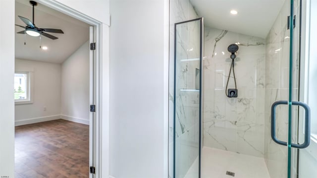 310 Joseph Ave, Linwood, NJ 08221 - bathroom featuring a marble finish shower, ceiling fan, wood finished floors, recessed lighting, and baseboards