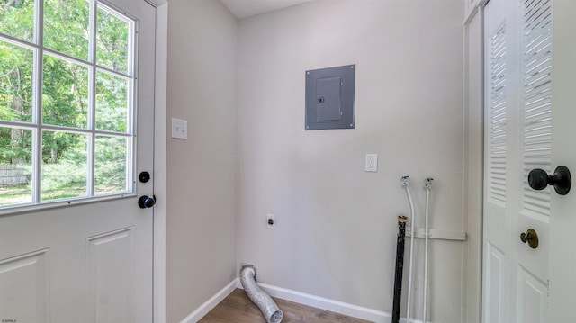 11 Carann Ln, Egg Harbor Township, NJ 08234 - washroom featuring electric panel, hookup for an electric dryer, baseboards, and wood finished floors