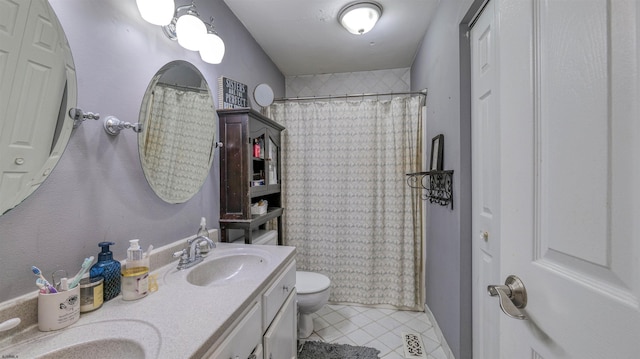 521 Saratoga Pl, Smithville, NJ 08234 - bathroom with tile patterned flooring, toilet, double vanity, and a shower with curtain