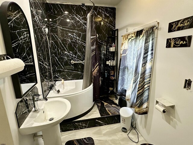 311 N 7th St, Millville, NJ 08332 - full bath featuring marble tiled flooring, shower / bathtub combination with curtain, and a sink
