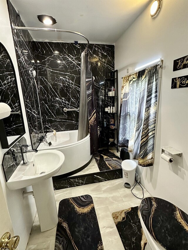311 N 7th St, Millville, NJ 08332 - bathroom featuring marble tiled flooring and shower / tub combo with curtain