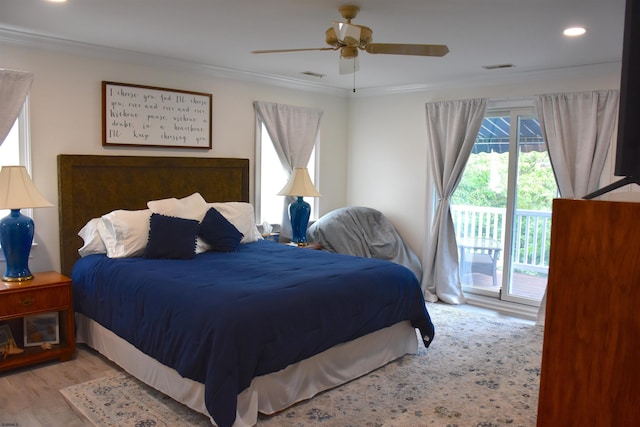 305 Battersea Rd Unit 2, Ocean City, NJ 08226 - bedroom with access to exterior, crown molding, wood finished floors, recessed lighting, and a ceiling fan