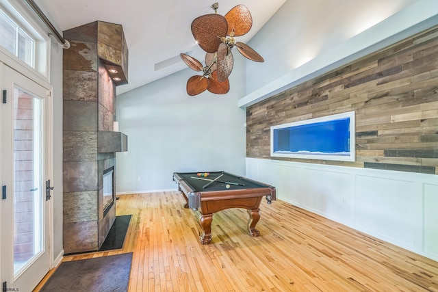 515 Bella Ct, Galloway Township, NJ 08205 - recreation room with hardwood / wood-style floors, a tile fireplace, ceiling fan, high vaulted ceiling, and pool table