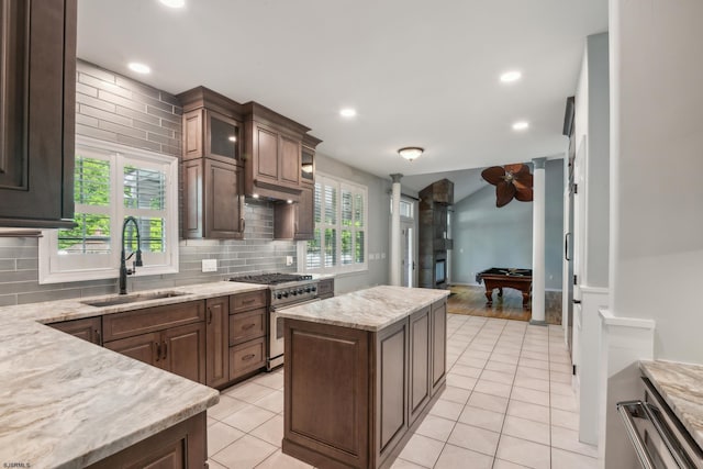 515 Bella Ct, Galloway Township, NJ 08205 - kitchen with a sink, stainless steel appliances, decorative backsplash, pool table, and light tile patterned floors
