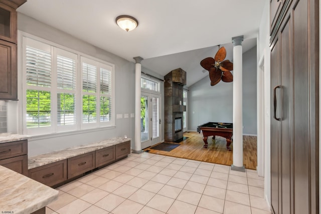 515 Bella Ct, Galloway Township, NJ 08205 - entryway featuring billiards table, decorative columns, lofted ceiling, ceiling fan, and light tile patterned flooring