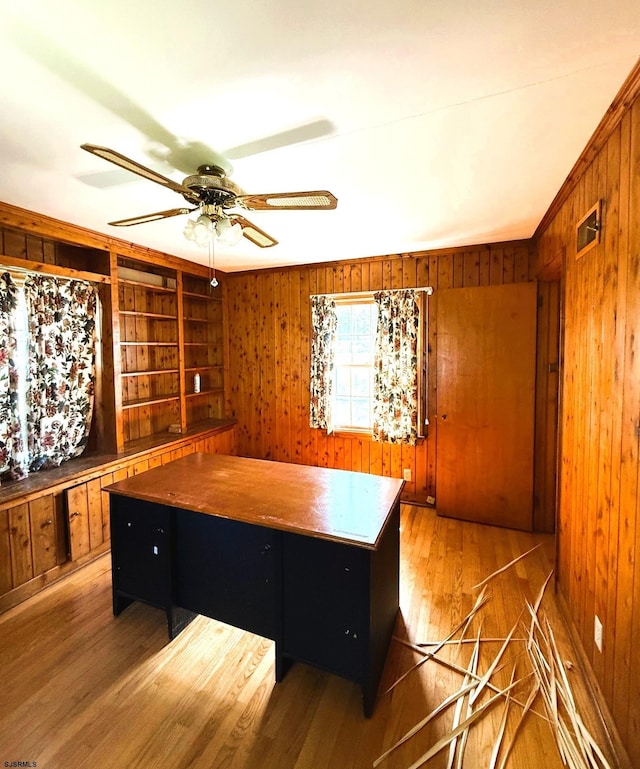 4 E Finley Rd, Upper Deerfield Township, NJ 08302 - home office with light wood-type flooring, wood walls, a ceiling fan, and built in features