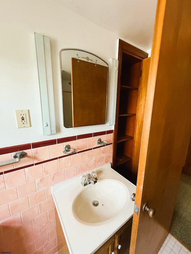 4 E Finley Rd, Upper Deerfield Township, NJ 08302 - bathroom with vanity, tile walls, and wainscoting