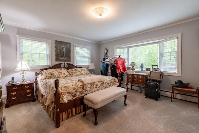 71 Zion Rd, Egg Harbor Township, NJ 08234 - bedroom with ornamental molding, multiple windows, light carpet, and a baseboard radiator