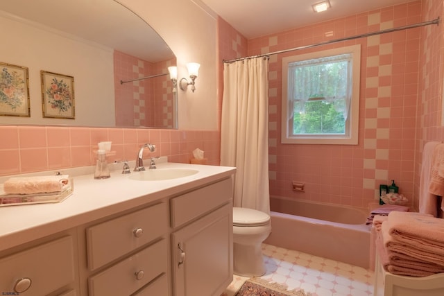 71 Zion Rd, Egg Harbor Township, NJ 08234 - full bathroom featuring tile walls, toilet, vanity, shower / bath combo, and tile patterned floors