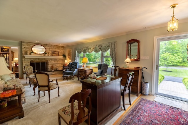 71 Zion Rd, Egg Harbor Township, NJ 08234 - living room featuring ornamental molding and a stone fireplace