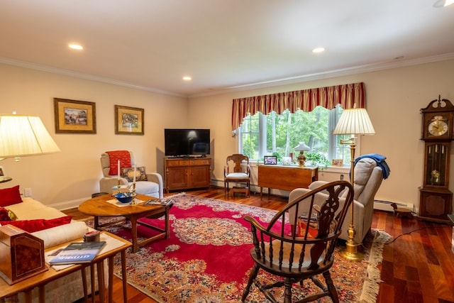 71 Zion Rd, Egg Harbor Township, NJ 08234 - living room featuring ornamental molding, hardwood / wood-style floors, recessed lighting, baseboard heating, and baseboards