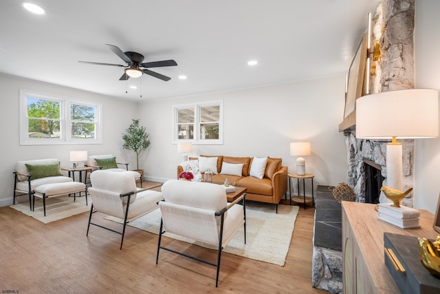 118 Colwick Dr, Somers Point, NJ 08244 - living room with a fireplace, light wood finished floors, a ceiling fan, recessed lighting, and baseboards