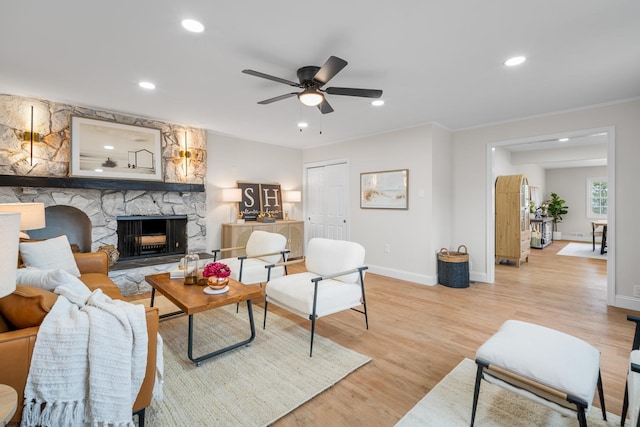 118 Colwick Dr, Somers Point, NJ 08244 - living room featuring ceiling fan, baseboards, light wood-type flooring, crown molding, and recessed lighting