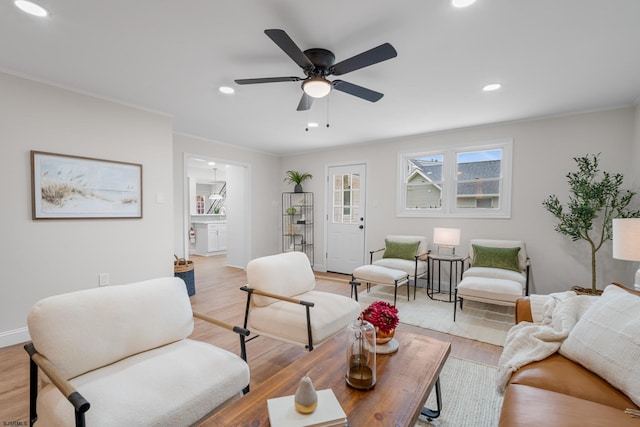 118 Colwick Dr, Somers Point, NJ 08244 - living room with ornamental molding, light wood finished floors, recessed lighting, a ceiling fan, and baseboards