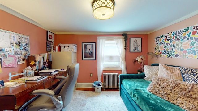 27 School St, Absecon, NJ 08201 - home office featuring radiator heating unit, carpet floors, baseboards, and ornamental molding